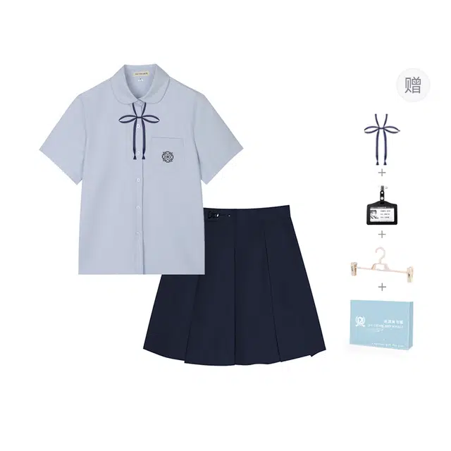 冰淇淋与鲸 学院风穿搭温柔感纯色休闲短袖制服 女款 蓝色圆领樱花衬衫+绀色箱褶裙  买赠送领绳+校章