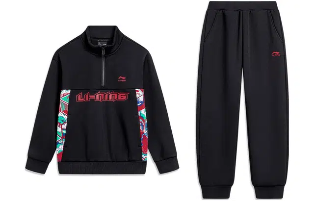 李宁儿童 龙年新年系列运动生活 字母印花立领抓绒套头卫衣长裤休闲运动套装 儿童款 黑色