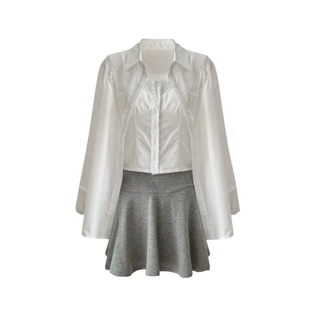 敲模女孩 学院风薄款长袖宽松休闲衬衣外套内搭吊带排扣背心高腰垂感短裙裙装套装 女款