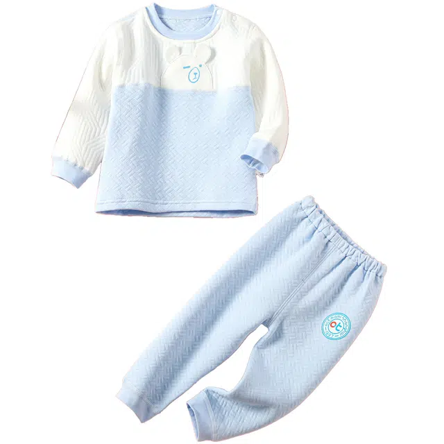 十月妈咪 童装 动物图案长袖纯色束脚长裤婴幼儿套装 婴童 浅蓝小悠熊