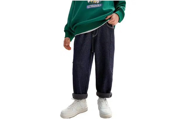 左西 纯色松紧腰简约加绒舒适百搭牛仔裤 儿童款 深蓝色