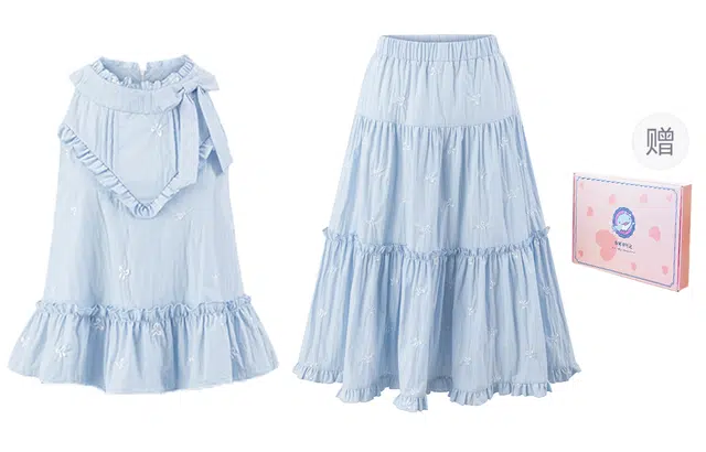 东鲸岁时记 高级感显瘦性感纯欲度假裙装套装 女款 礼盒装 蓝色莫奈花园上衣+蓝色裙（含内衬）