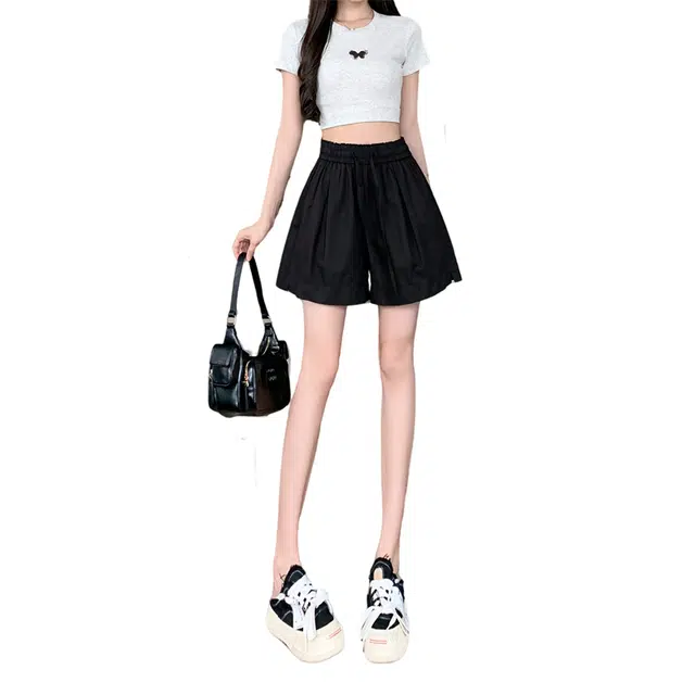 莫代尔 松紧高腰宽松五分薄款阔腿裤工装短裤 女款