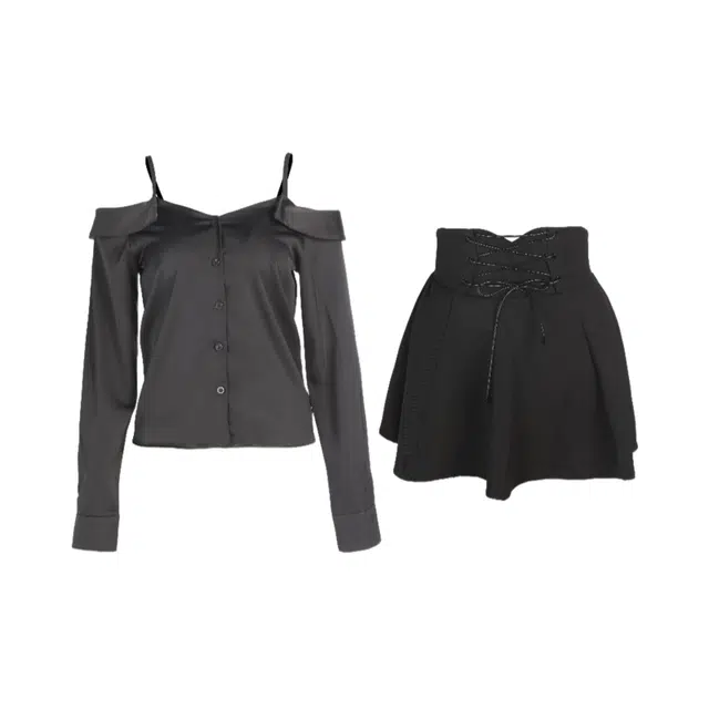 怪力萝莉 甜酷风一字肩露肩长袖衬衫上衣高腰束腰半身裙裙装套装 女款