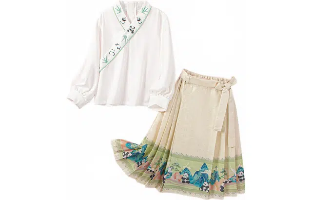 十月妈咪 童装 长袖卡通熊猫印花儿童连衣裙 竹林熊猫