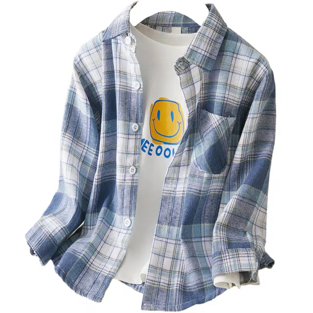 十月妈咪 女童薄款长袖男童宝宝衬衫格子衬衣外套 春秋 儿童款 蓝色