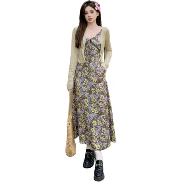 哒头下雨不愁 大码复古雪纺碎花吊带连衣裙简约开衫裙装套装 女款