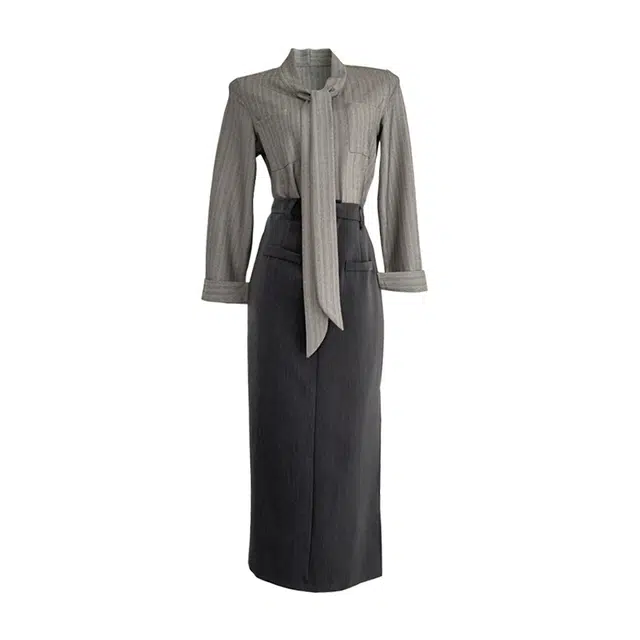 桴生 法式韩系气质飘带高腰长袖衬衫半身裙修身显瘦教资面试穿搭裙装套装 女款