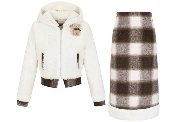 九条喵 羊羔毛连帽小熊长袖格纹外套中长裙裙装套装 女款