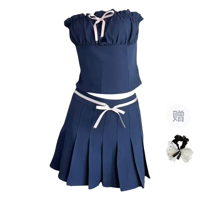 涂诗菲 法式纯欲风粉色蝴蝶结丝带褶皱露肩抹胸上衣高腰显瘦辣妹百褶裙裙装套装 女款