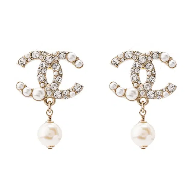 CHANEL Double C Pearl Pendant Earrings Gold Pearl White