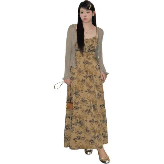 哒头下雨不愁 印花法式复古水墨吊带气质碎花连衣裙长袖外搭裙装套装 女款