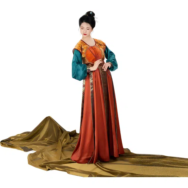 织造司 织造司唐制舒适无袖唐褙子妆花灯笼袖圆领长袖衫暗纹古韵八破裙汉服 女款 四件套（圆领衫+唐褙子+八破裙+飘带）