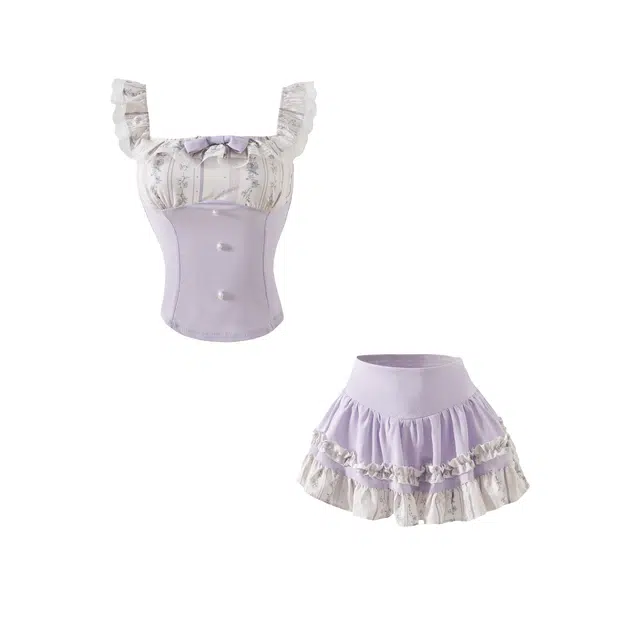 花山家的猫 法式甜美纯欲风小飞袖收腰修身制服 女款 浅紫蕾丝方领上衣+浅紫蓬蓬裙