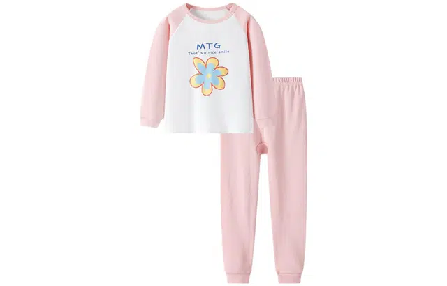 梦特娇 童装 时尚圆领秋衣保暖舒适秋裤保暖套装 女童 白粉花朵