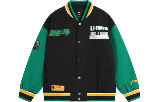 李宁儿童 字母拼接否单排扣长袖棒球服 儿童款 黑色群青绿