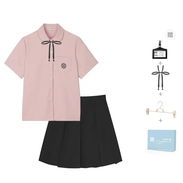 冰淇淋与鲸 学院风穿搭纯色短袖衬衣日常百搭半身裙制服 女款 粉色樱花刺绣短衬+黑色箱褶裙  买赠送领结+校章
