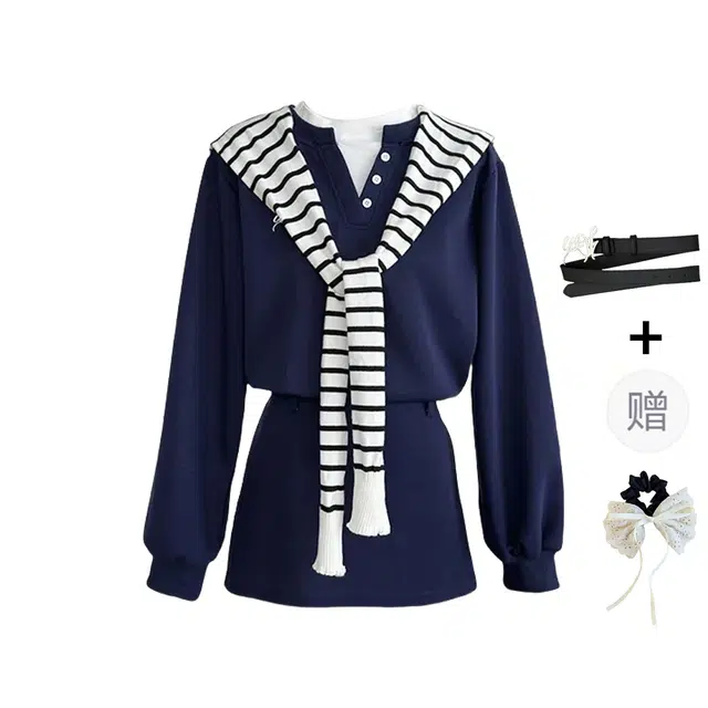 涂诗菲 韩系学院风减龄长袖卫衣短裙设计感条纹披肩假两件裙装套装 女款