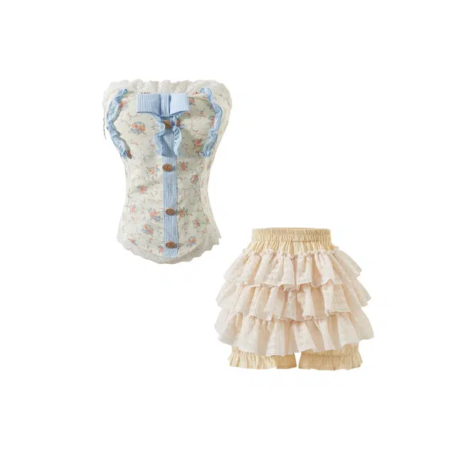 花山家的猫 抹胸碎花上衣森系蛋糕半身萝莉装 女款 黄色