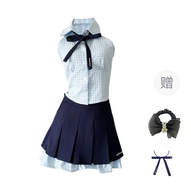 雾闪闪 韩系学院风小众甜辣格子挂脖背心高腰半身裙装套装 女款