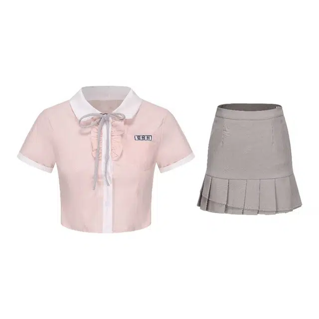 敲模女孩 学院风甜美蝴蝶结粉衬衫短款上衣灰色高腰百褶短裙裙装套装 女款