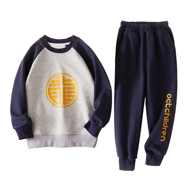 儿童款 十月妈咪 圆领拼色插肩上衣字母印花束脚长裤休闲运动套装 藏青