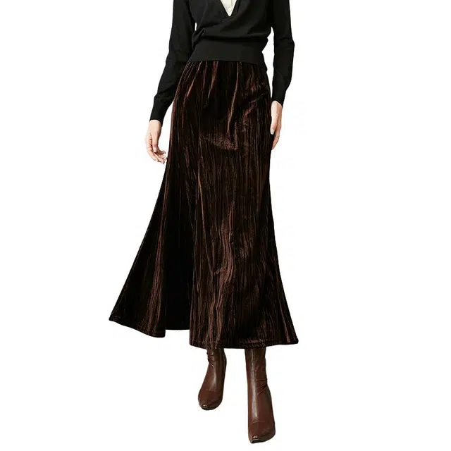 晚白 高腰版型微弹大摆裙摆设计休闲长裙 女款 咖色