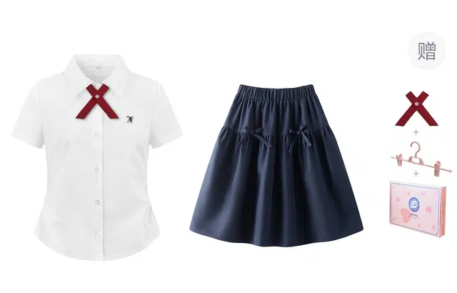 东鲸岁时记 气质设计感小众舒适制服 女款 白色短袖衬衫+藏青色半裙 买赠小物+衣架