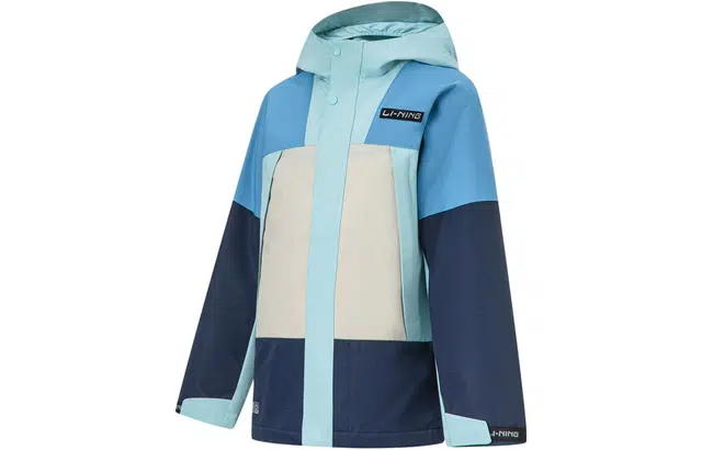 李宁儿童 拼接拉链连帽抓绒长袖风衣 儿童款 外件雾卡其淡水蓝岩灰蓝深海军蓝内件深海军蓝