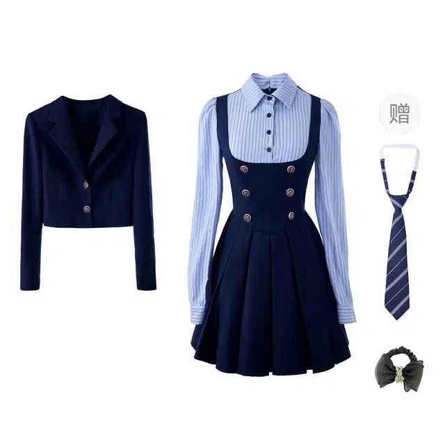 雾闪闪 学院风日系制服短款西装外套假两件拼接连衣裙裙装套装 女款