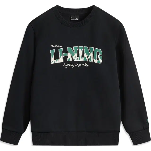 李宁儿童 运动生活系列 字母圆领舒适透气加绒保暖卫衣 黑色青少年