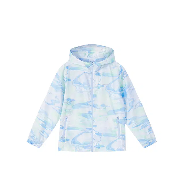 大童 鸿星尔克儿童 满印拉链连帽运动风衣 天青蓝/微光绿