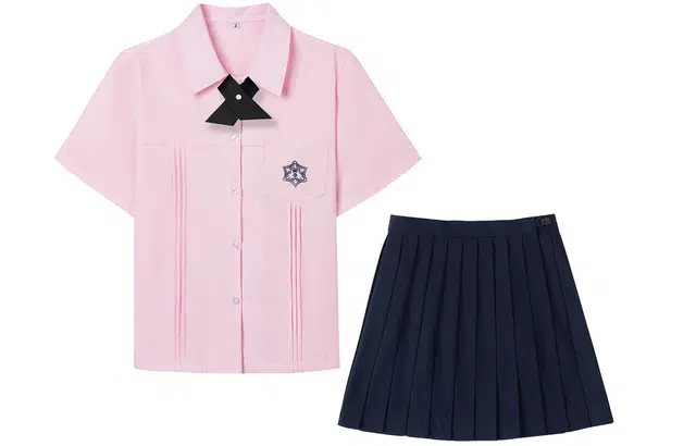 九条喵 尖领风琴褶刺绣上衣中腰宽松下衣制服 女款 粉色+黑色