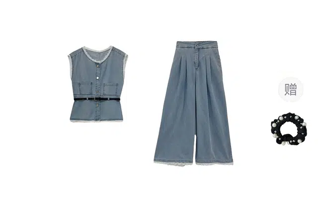 雾闪闪 复古韩版时尚拼接牛仔马甲+半身裙裙装套装 女款