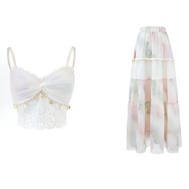 小菊川栗 学院风时尚休闲潮流甜辣穿搭曼日花事氛围感晕染印花海边度假吊带半裙裙装套装 女款