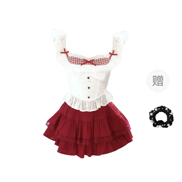 雾闪闪 法式纯欲甜美风气质设计感蕾丝拼接撞色上衣复古高腰半身裙裙装套装 女款