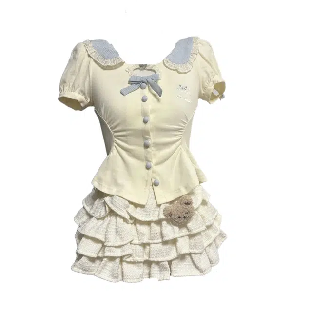 桴生 甜美风泡泡短袖娃娃领领衬衫女夏季高腰显瘦半身裙短裙两件裙装套装 女款 黄色