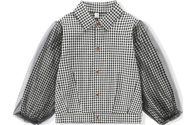 梦特娇 童装 网纱格子长袖衬衫 女童 黑格