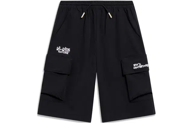 李宁儿童 字母刺绣松紧腰直筒宽松运动儿童短裤 儿童款 黑色