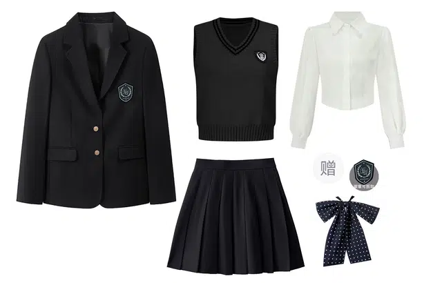 九条喵 学院风舒适纯色外套收腰简约上衣胸部刺绣舒适马甲中腰宽松半裙制服 女款