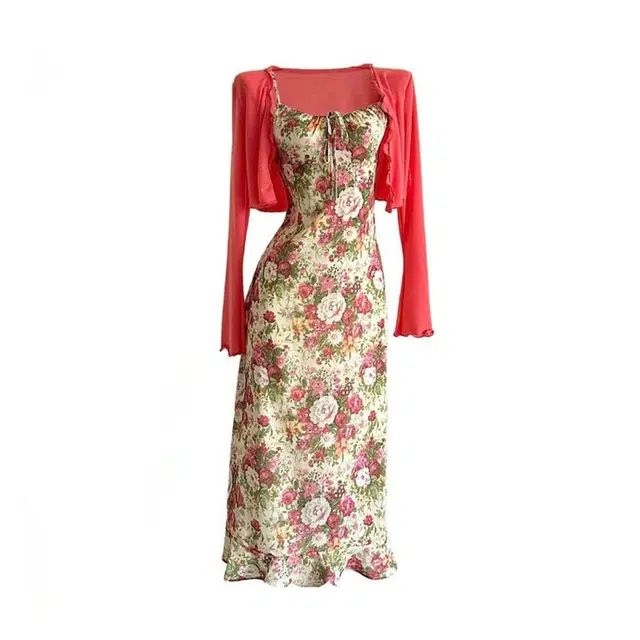 小菊川栗 法式复古碎花吊带连衣裙子高级感收腰显瘦裙装套装 女款