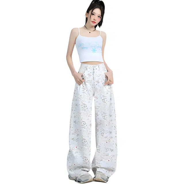 纤丝鸟 美式潮流裤卡通小鱼涂鸦阔腿裤辣妹宽松休闲拖地牛仔裤 女款
