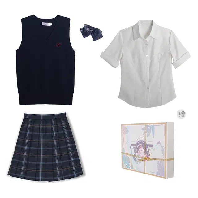 兔半眠 学院风舒适纯色马甲简约短袖衬衫格子百褶裙制服 女款