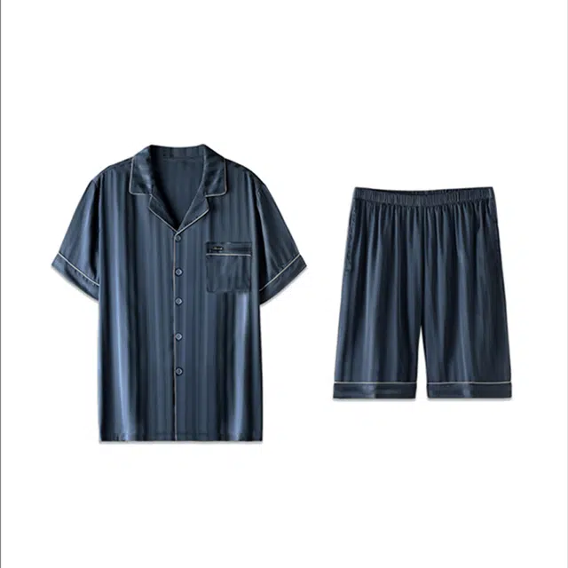 潞优野 冰丝短袖短裤薄款仿真丝绸家居服夏季睡衣套装 男款