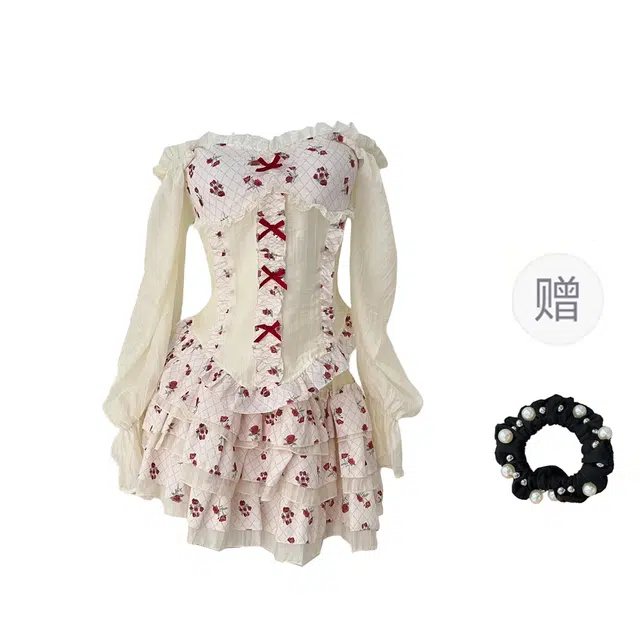 雾闪闪 可爱风中腰一字领时尚百搭碎花波点拼色长袖裙装套装 女款