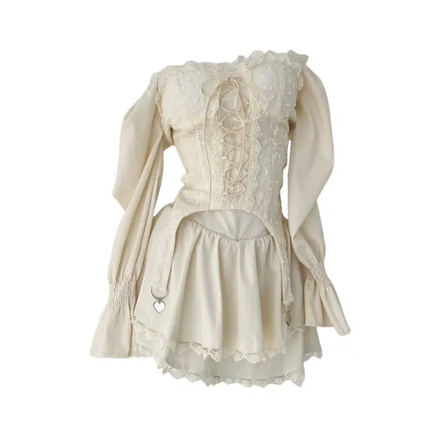 涂诗菲 公主芭蕾风修身显瘦设计感纯欲方领上衣半身裙两件套裙装套装 女款 白色