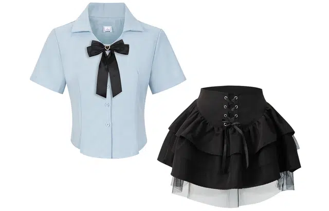 九条喵 学院风翻领短袖上衣纯色修身短裙制服套装 女款