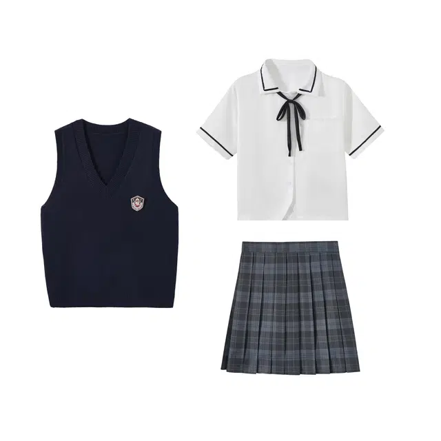 花山家的猫 纯色徽章马甲尖领短袖衬衫百褶格子裙制服 女款