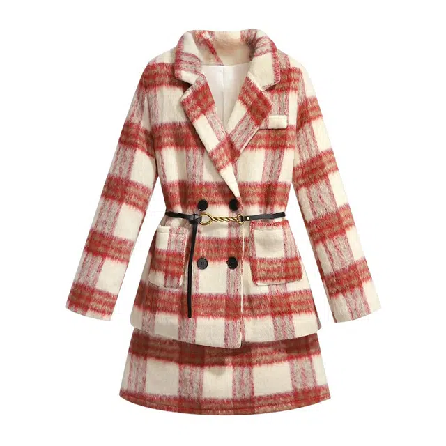 涂诗菲 小香风高级感流行漂亮夹棉格子西装外套短裙两件套裙装套装 女款 格纹