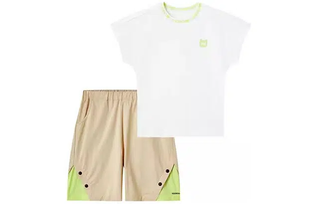 英氏 圆领撞色短袖上衣拼接短裤休闲运动套装 英氏白儿童款